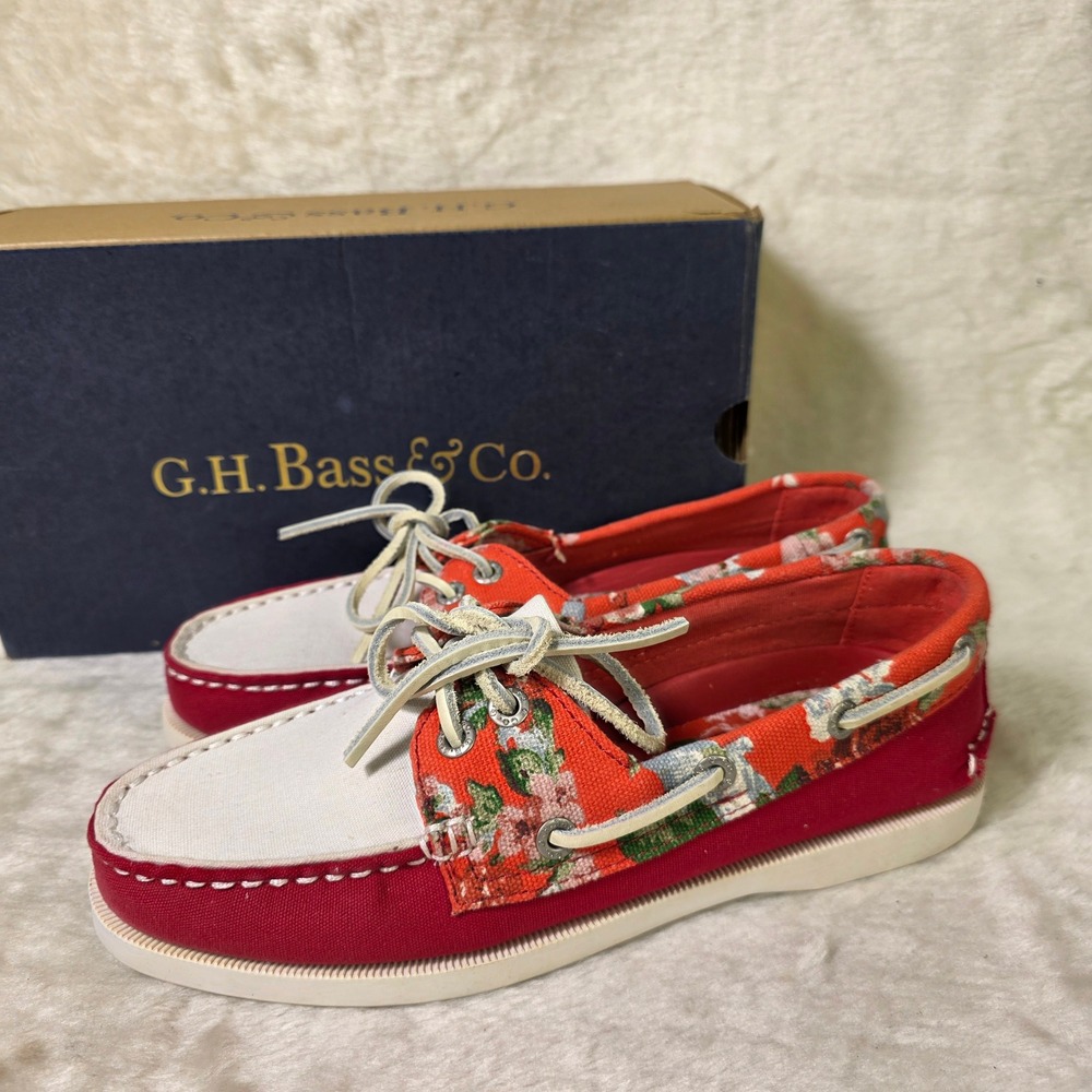 G.H. Bass Boat Shoes Red Floral Canvas Caymen Sailing Deck Women 6.5 NEW